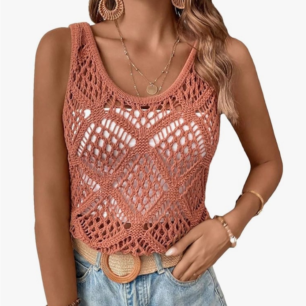 Boho Crochet Tank Top Rust Orange Summer Festival Size L